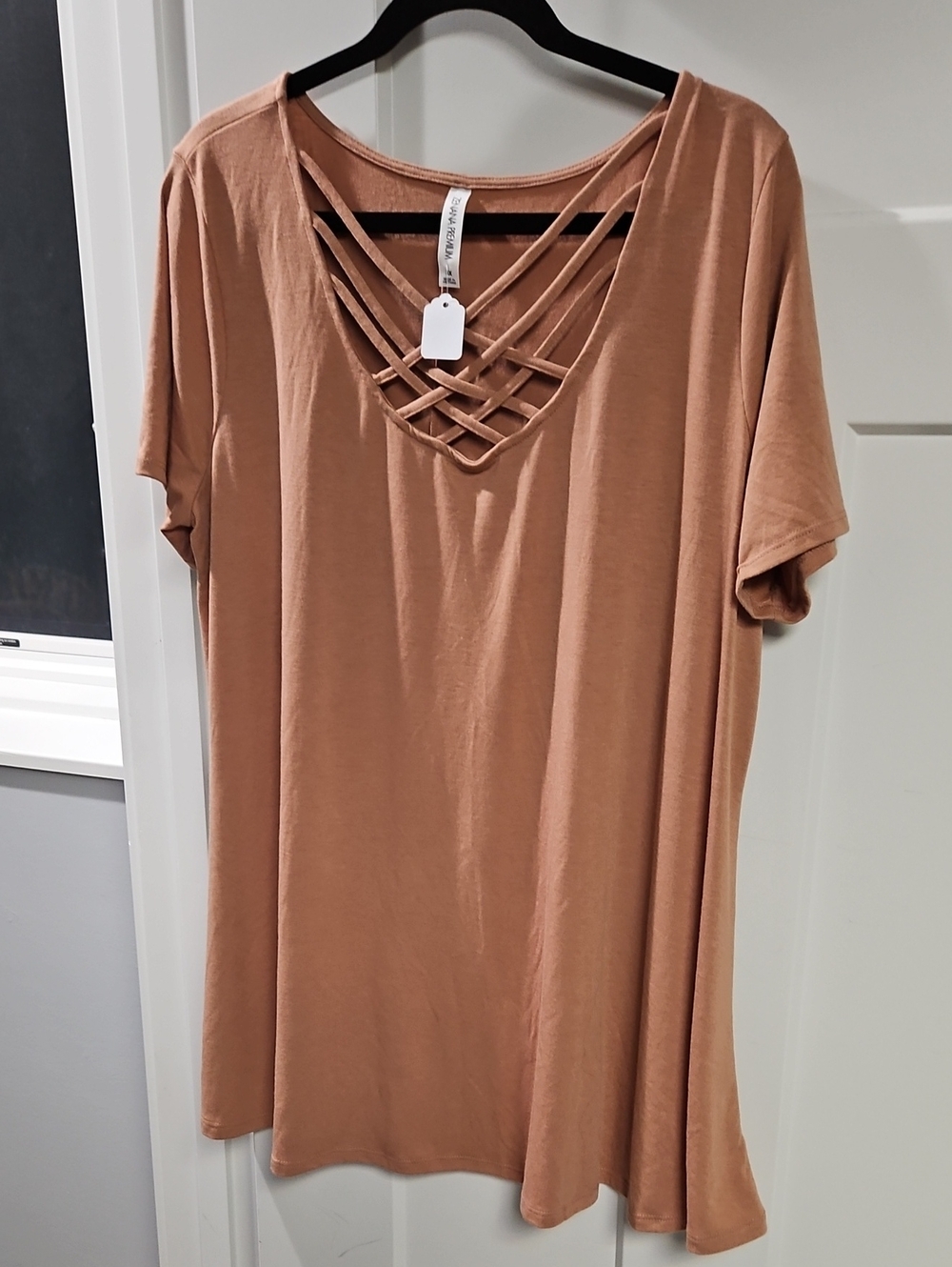 Zenana Outfitters Tan Crisscross V-Neck Short Sleeve Tee